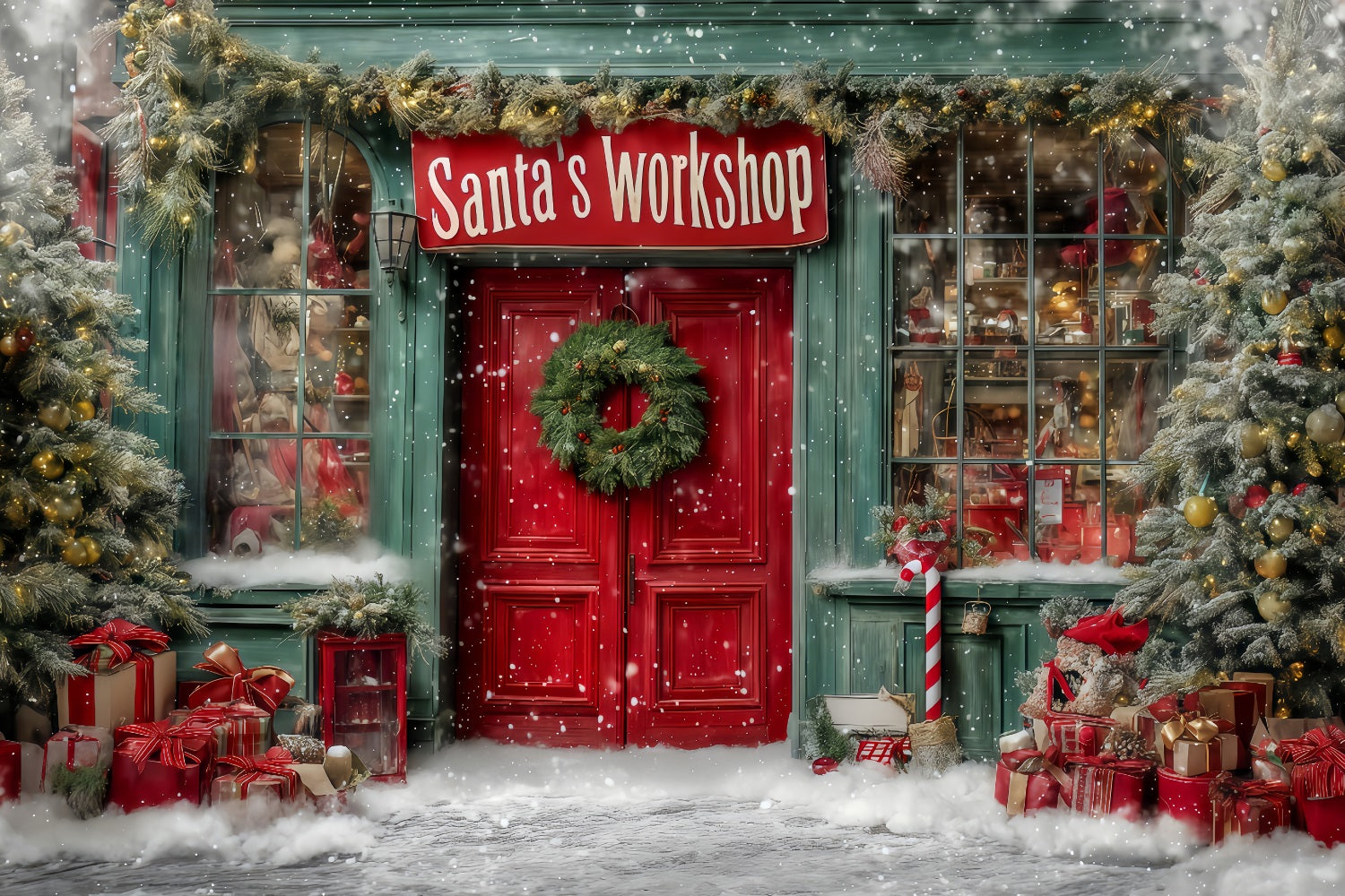 Santa's Workshop Backdrop Santa Workshop Festive Front Christmas Backdrops TWW59-127