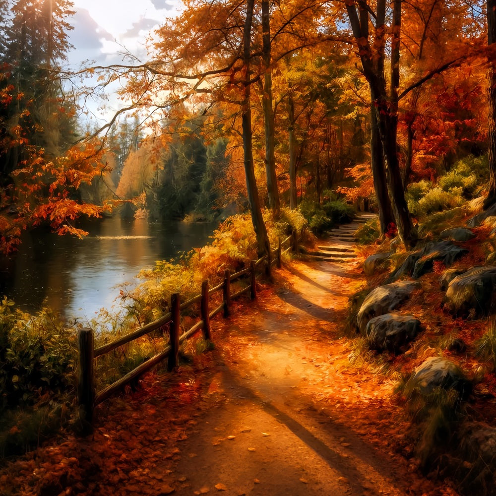 Fall Forest Backdrop Scenic Riverside Autumn Path Forest Photo Backdrop TWW59-139