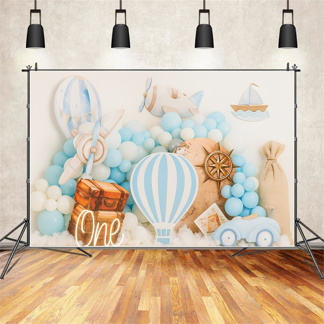 Cake Smash Backdrop Blue Travel Adventure Theme Birthday Backdrops TWW59-220