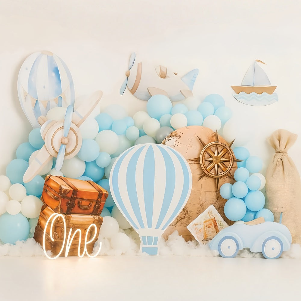 Cake Smash Backdrop Blue Travel Adventure Theme Birthday Backdrops TWW59-220