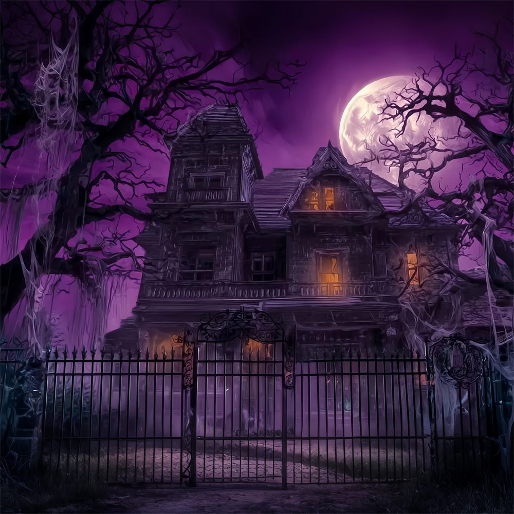 Halloween Haunted Mansion Backdrop Purple Sky Full Moon Scary Halloween Backdrops TWW59-63