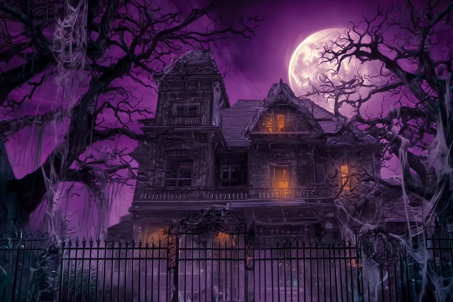 Halloween Haunted Mansion Backdrop Purple Sky Full Moon Scary Halloween Backdrops TWW59-63
