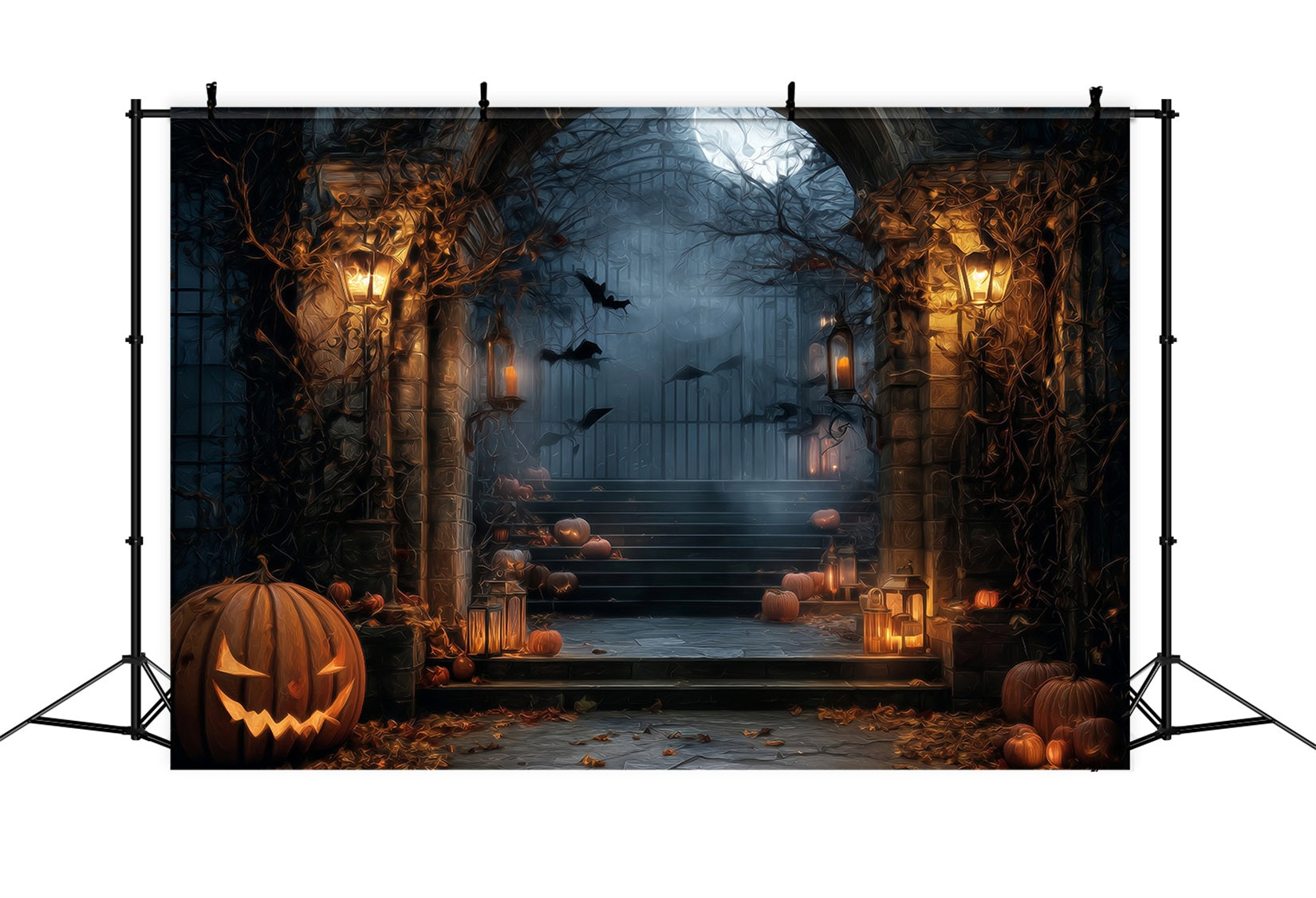 Halloween Haunted Forest Backdrop Spooky Gate Lantern Pumpkins Halloween Backdrop TWW59-64