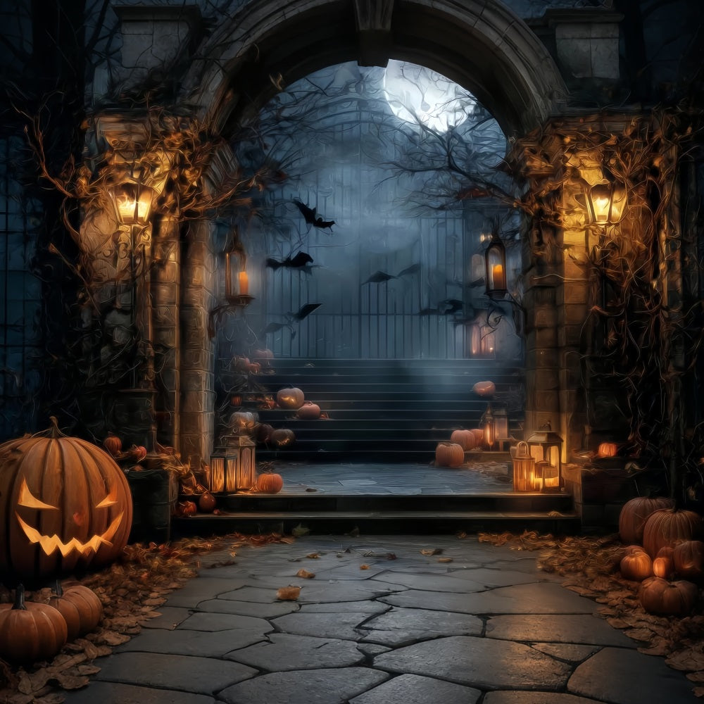 Halloween Haunted Forest Backdrop Spooky Gate Lantern Pumpkins Halloween Backdrop TWW59-64