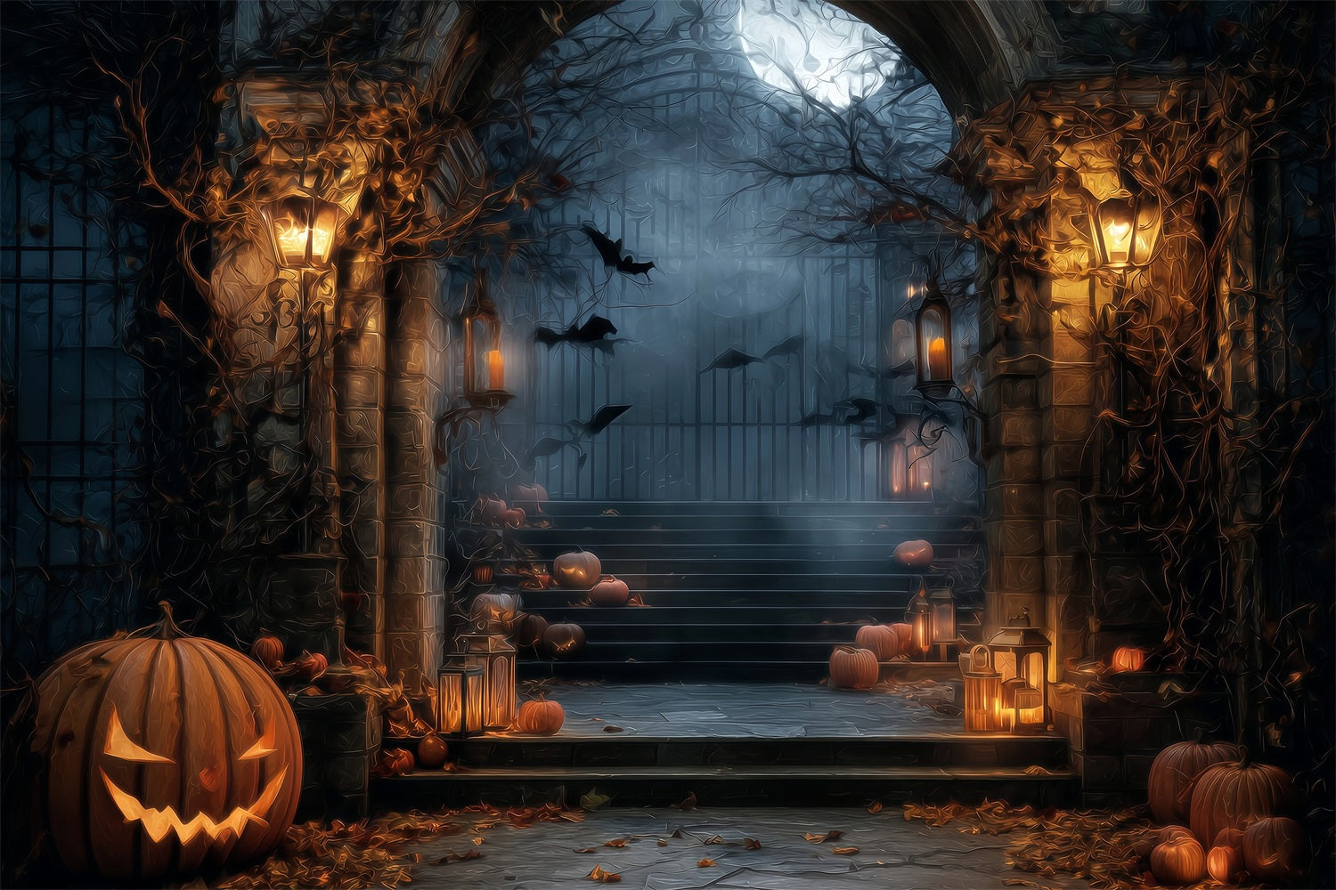 Halloween Haunted Forest Backdrop Spooky Gate Lantern Pumpkins Halloween Backdrop TWW59-64