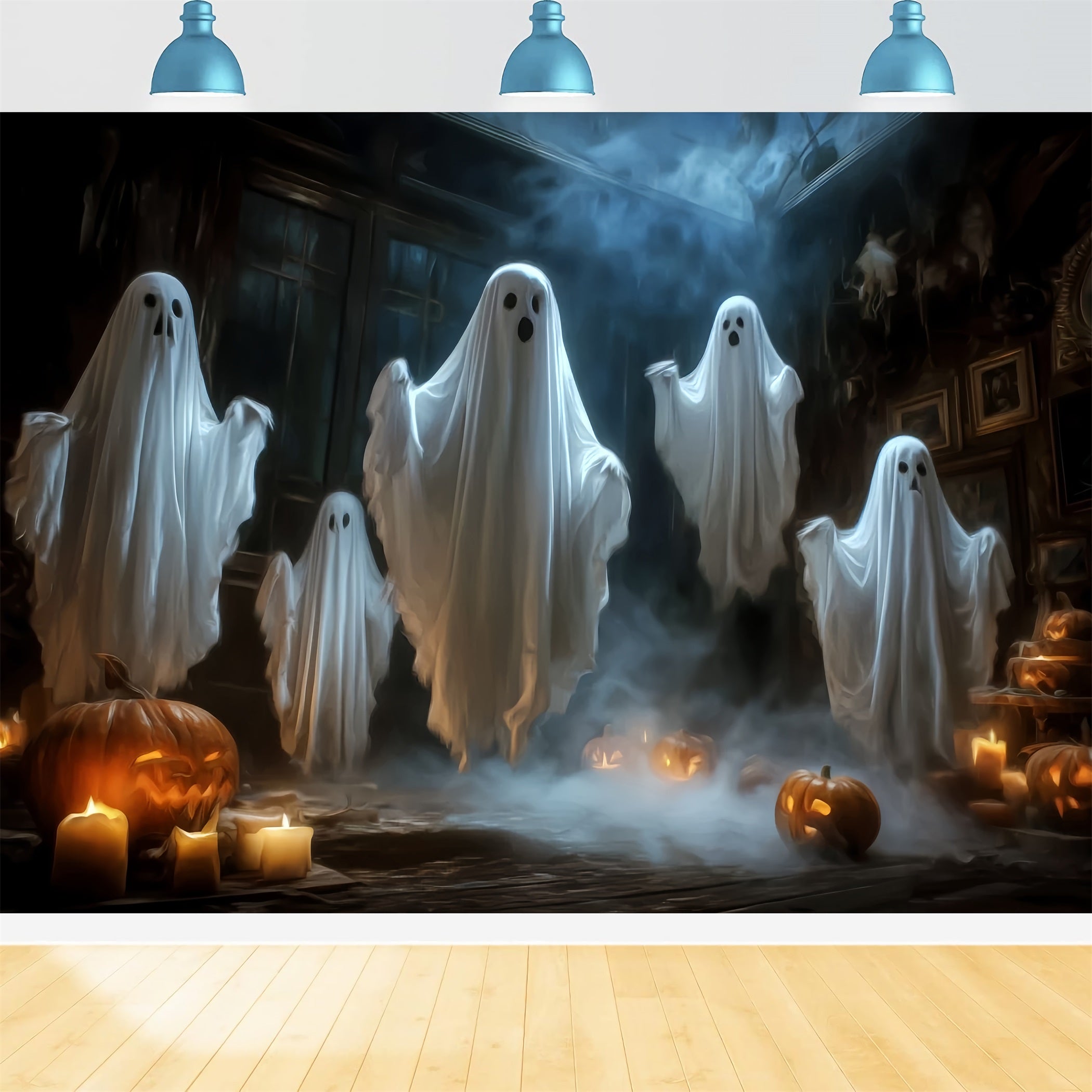 Halloween Ghost Backdrop Floating Ghosts Candle Pumpkins Spooky Halloween Backdrop TWW59-65