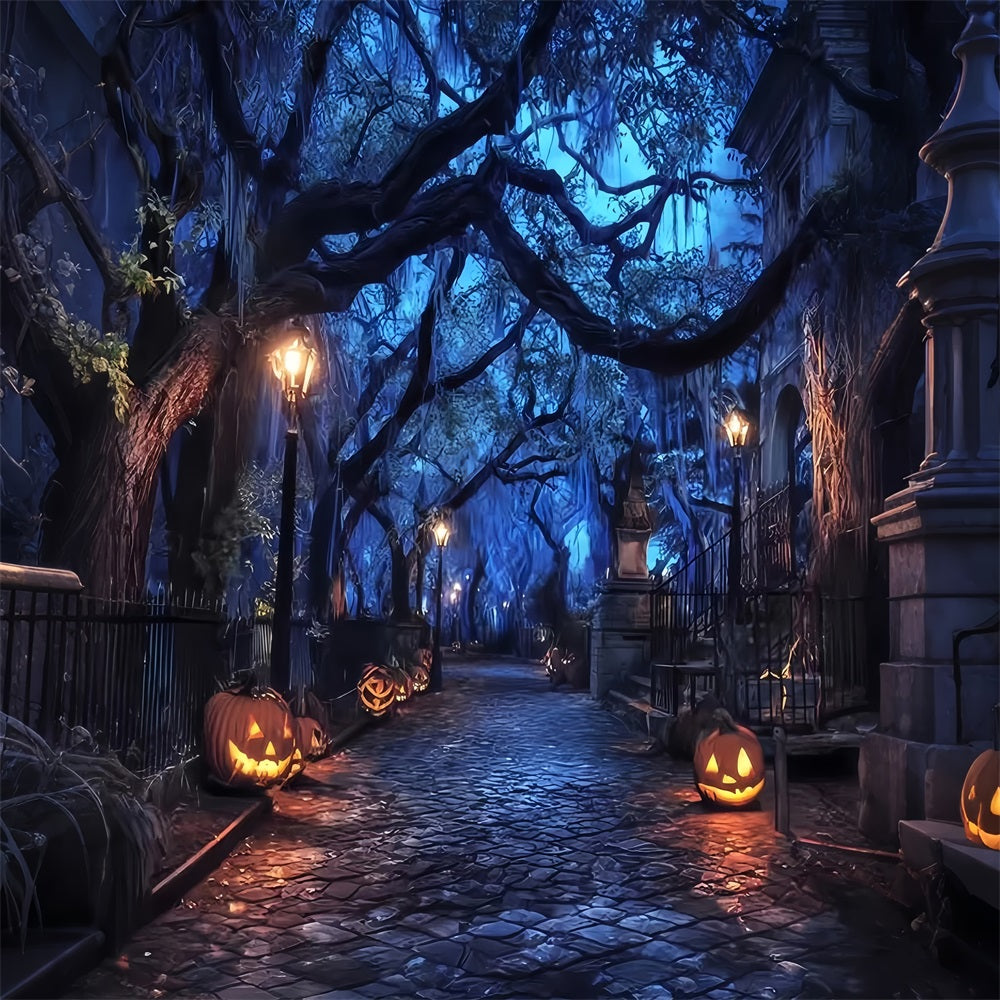 Halloween Haunted Forest Backdrop Spooky Pumpkin Lantern Street Halloween Backdrops TWW59-70