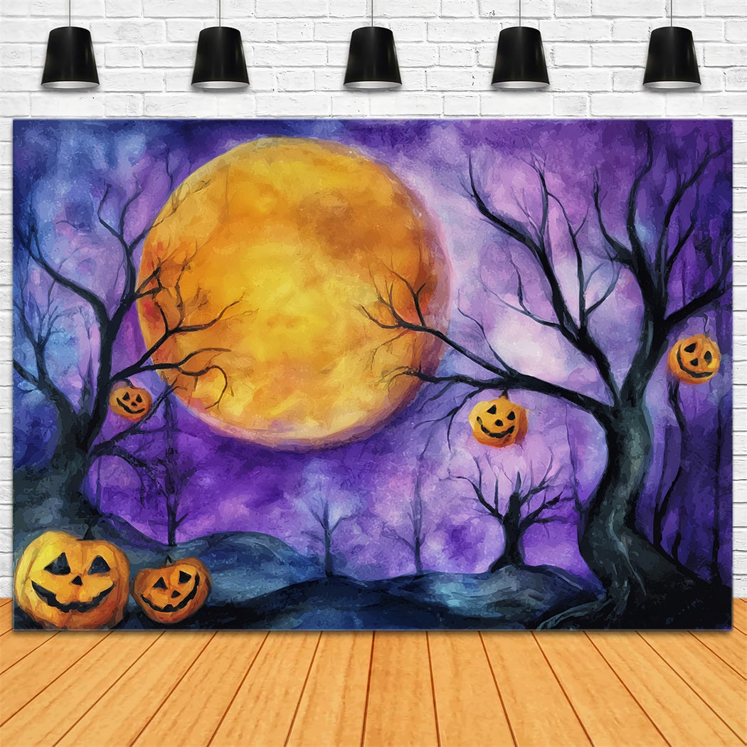 Halloween Moon Backdrop Pumpkin Moonlit Purple Sky Halloween Backdrops TWW59-74