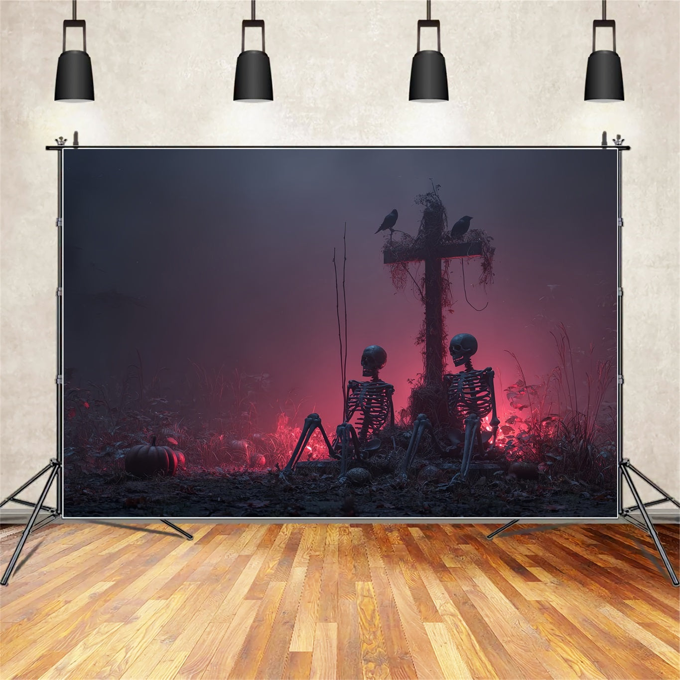 Halloween Horror Backdrop Skeletons Cross Red Mist Scary Halloween Backdrops TWW59-80