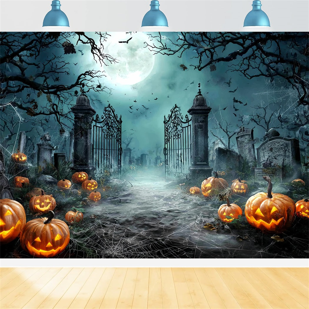 Halloween Graveyard Backdrop Moonlit Graveyard Pumpkins Halloween Photo Backdrops TWW59-81