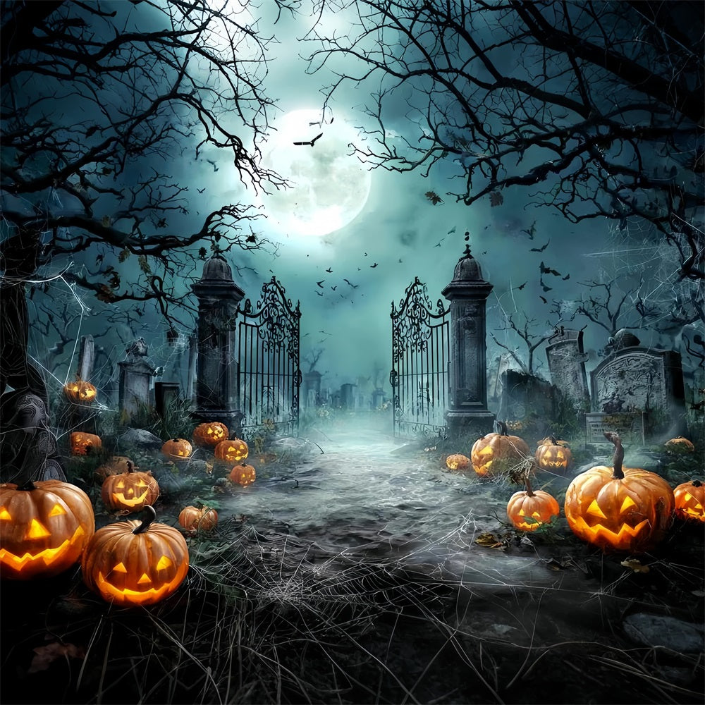 Halloween Graveyard Backdrop Moonlit Graveyard Pumpkins Halloween Photo Backdrops TWW59-81