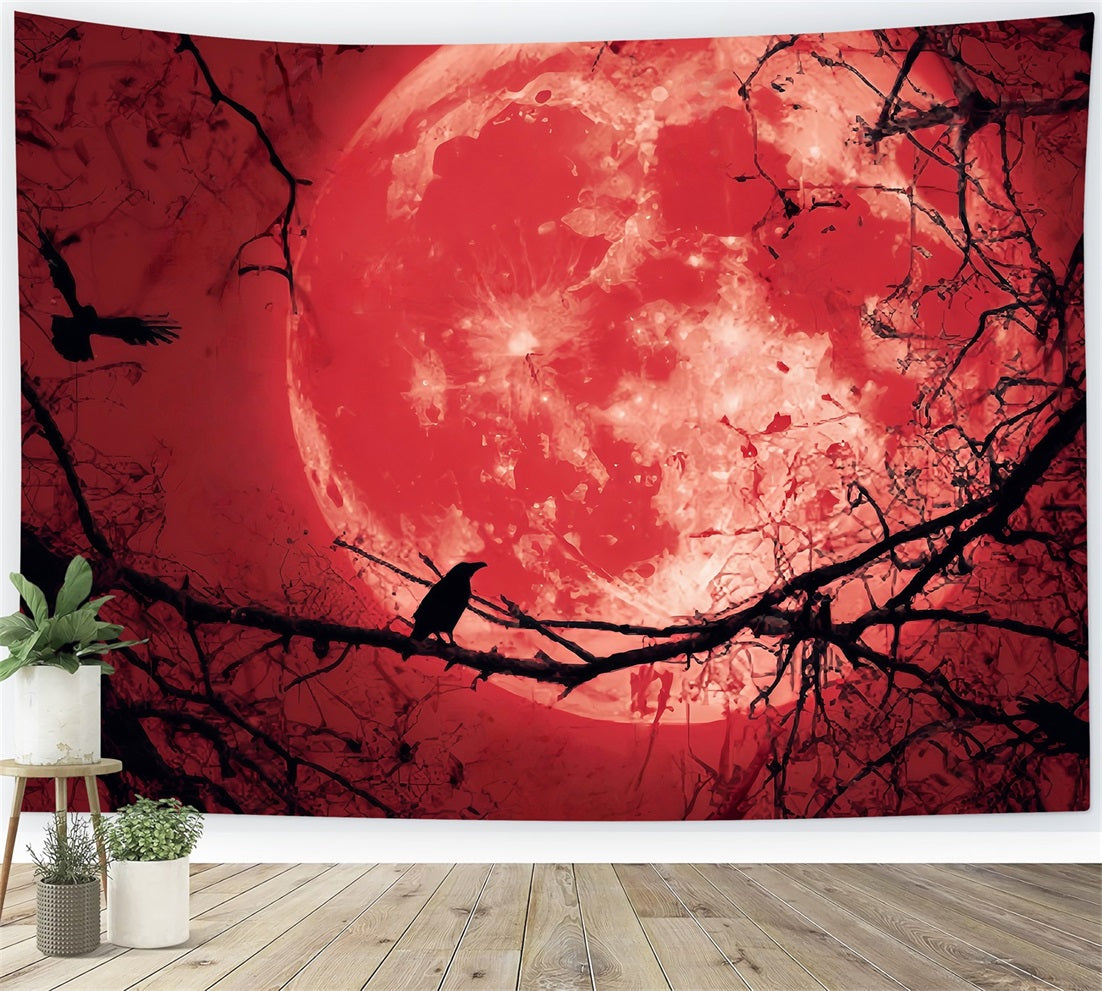 Halloween Moon Backdrop Bloody Moon Raven Silhouette Halloween Backdrops TWW59-83
