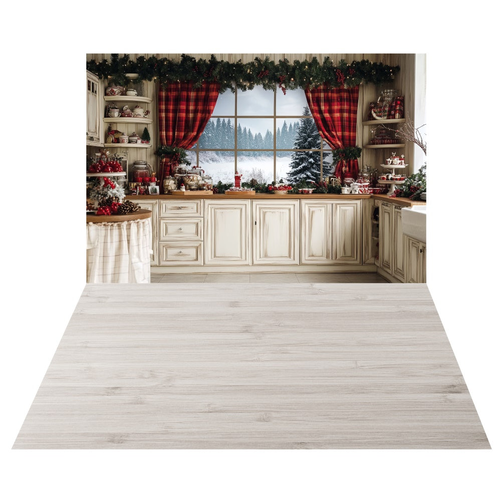 Holiday Kitchen Window Backdrop+Light Wood Floor Backdrop TWW6-110
