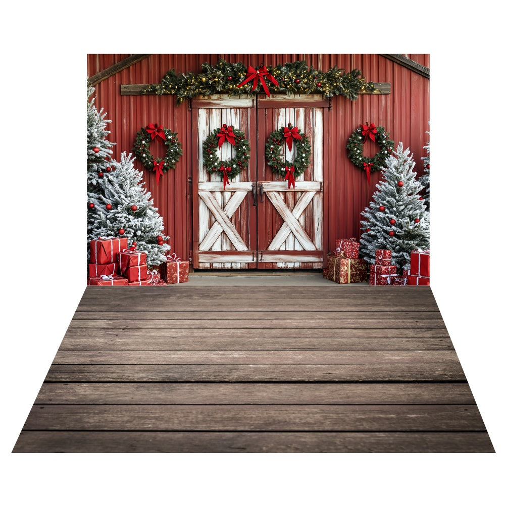 Red Barn Christmas Backdrop+Wooden Plank Floor Backdrop TWW6-114