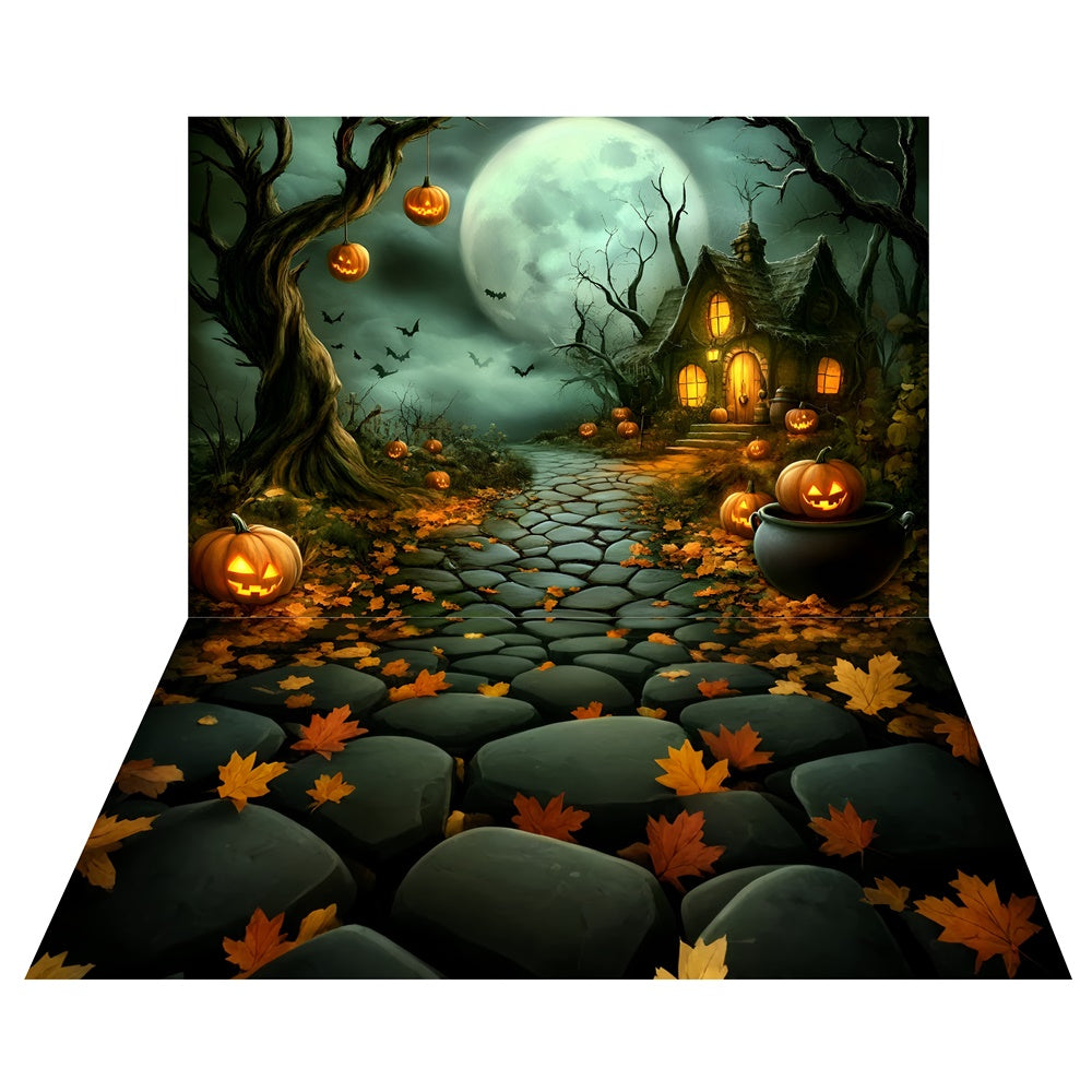 Full Moon Haunted Walk Backdrop+Cobble Stone Floor Backdrop TWW6-124