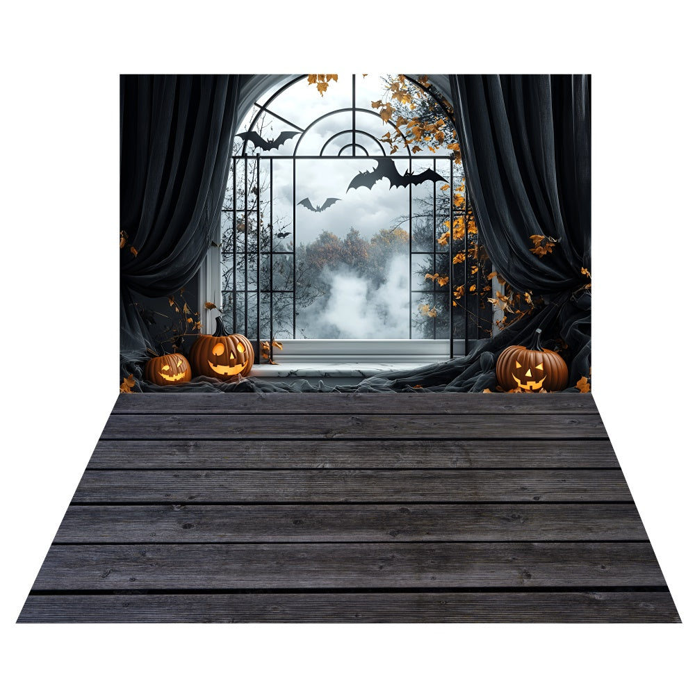 Bats Pumpkins Window Backdrop+Rustic Dark Floor Backdrop TWW6-126