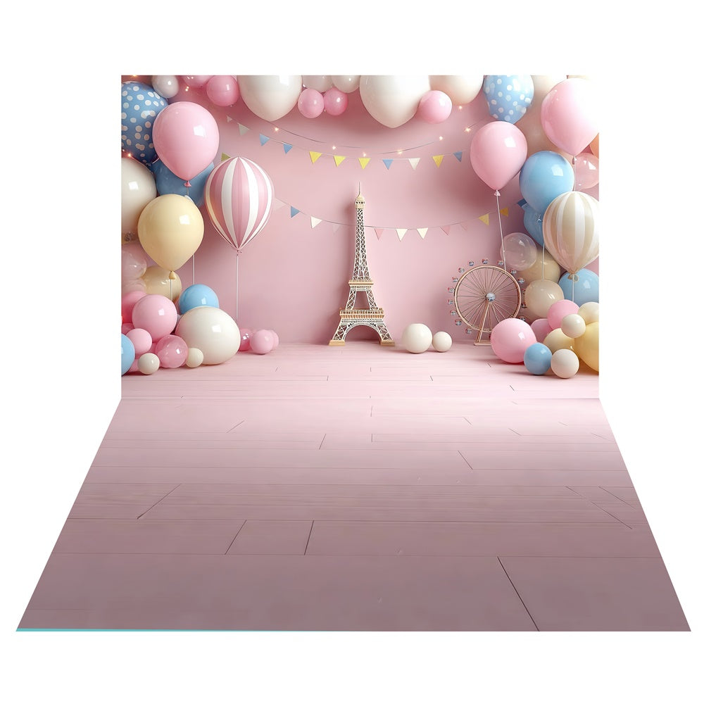Eiffel Balloon Fantasy Backdrop+Blush Wood Floor Backdrop TWW6-127