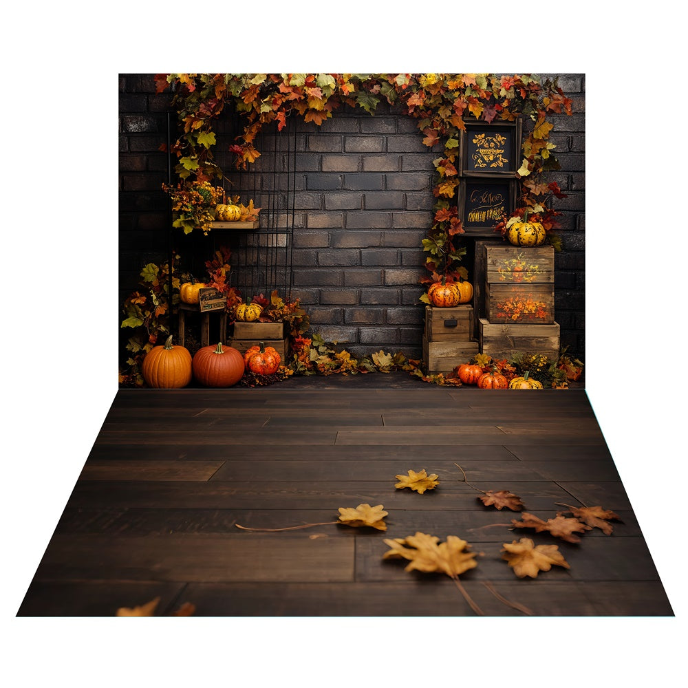 Autumn Harvest Brick Backdrop+Rustic Leaf Floor Backdrop TWW6-82