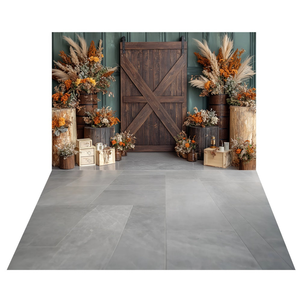 Barn Door Harvest Backdrop+Stone Grey Floor Backdrop TWW6-84