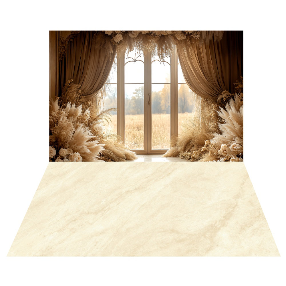 Golden Drape Window Backdrop+Soft Beige Floor Backdrop TWW6-85