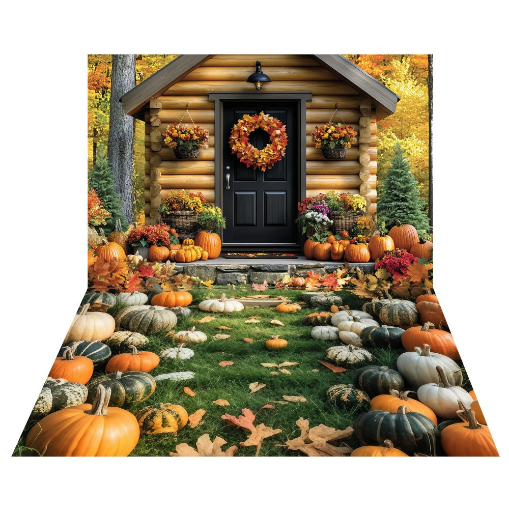 Cozy Harvest Lodge Backdrop+Pumpkin Lawn Floor Backdrop TWW6-90