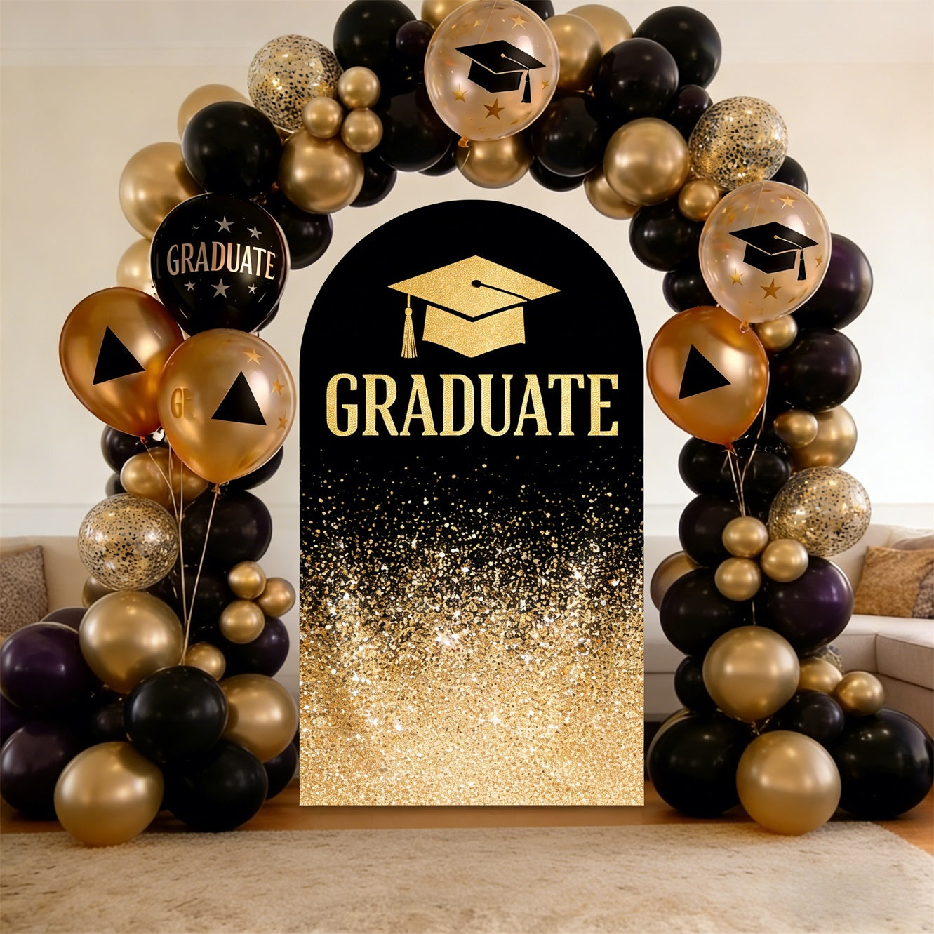 Fabric Graduation Arch Backdrop Black Gold Glitter Accent Premium Fabric Graduation Arch Backdrop ZTT64-13