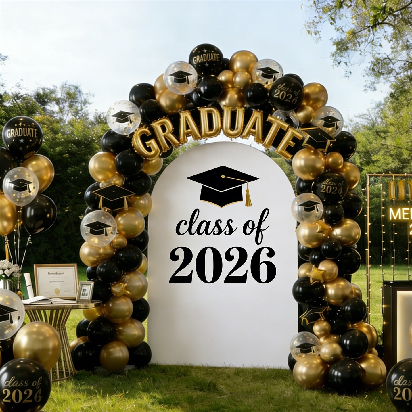 Graduation Entrance Arch Backdrop White Gold Cap 2026 Script Graduation Welcome Arch Backdrop ZTT64-15