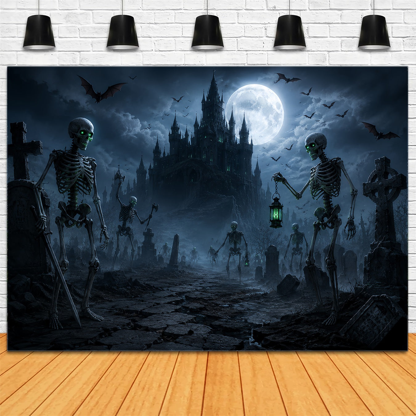 DIY Halloween Backdrop Ideas Moonlit Skeleton Castle Graveyard Scary Backdrops For Halloween ZTT67-1