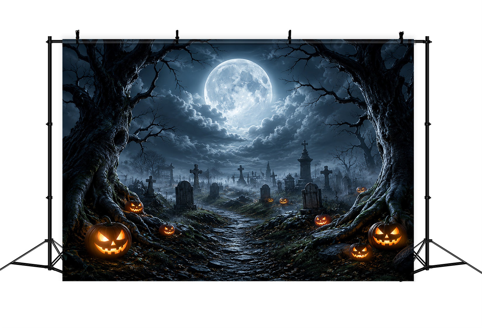 Halloween Cloth Backdrop Moonlit Pumpkin Cemetery Path Graveyard Halloween Backdrops ZTT67-13