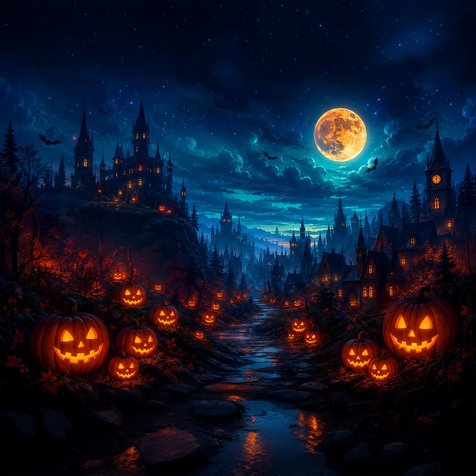 Halloween Party Photo Backdrop Ideas Glowing Pumpkin Castle Valley Creepy Halloween Backdrop ZTT67-15