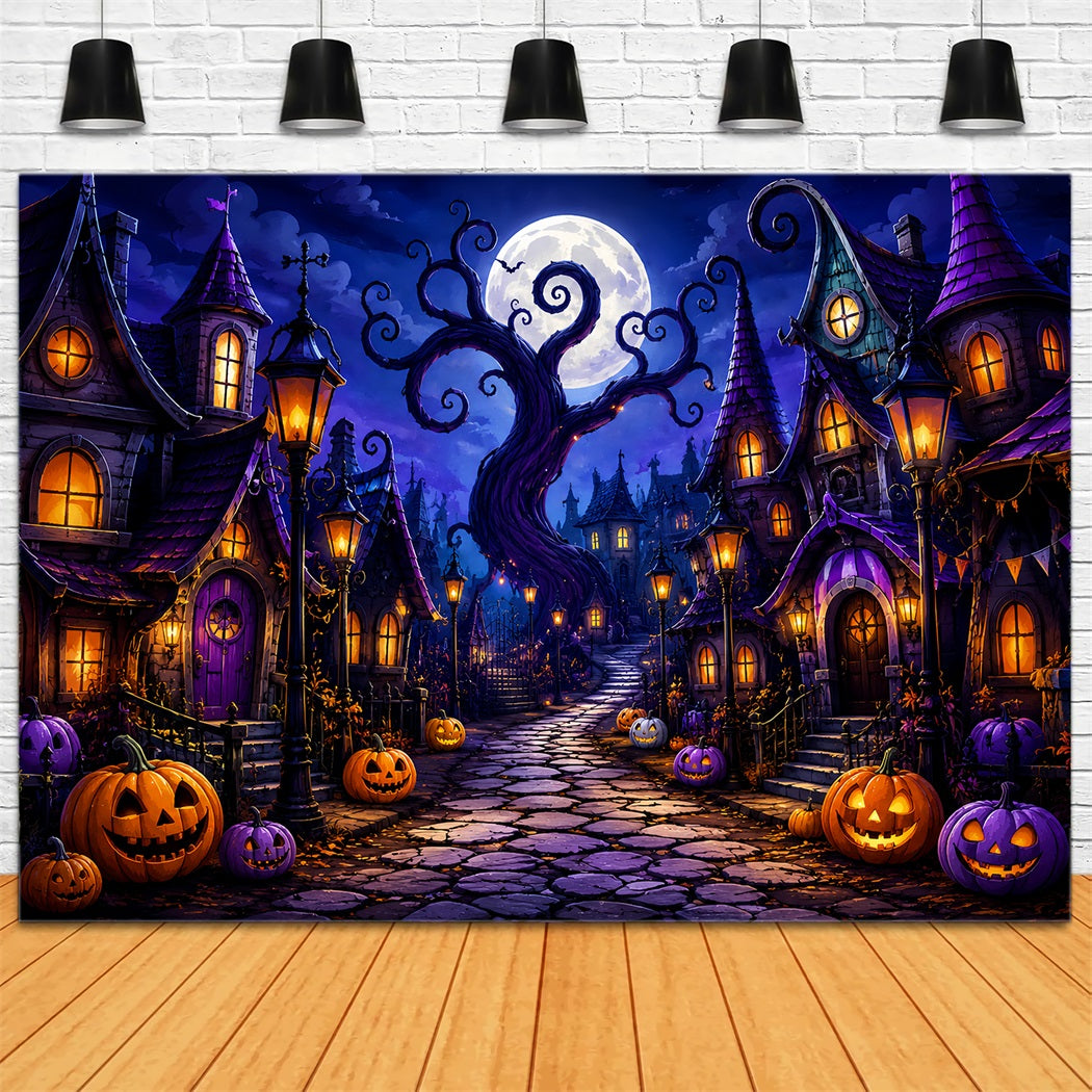 Halloween Scene Backdrop Whimsical Pumpkin Village Street Backdrop For Halloween ZTT67-16