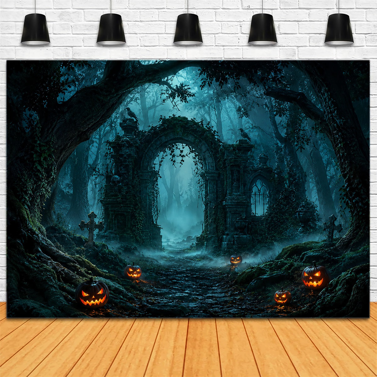 Halloween Forest Backdrop Foggy Pumpkin Woods Ruins Vintage Halloween Backdrop ZTT67-2