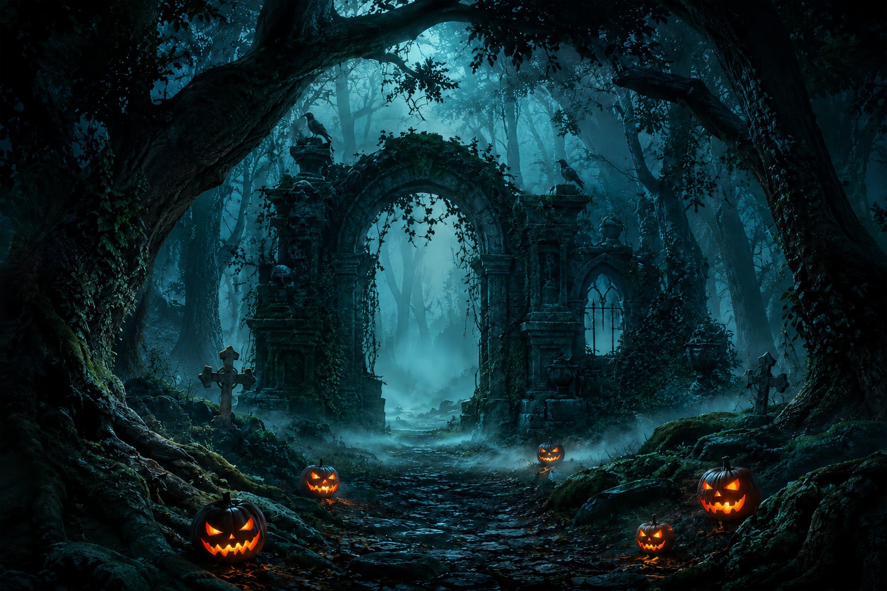 Halloween Forest Backdrop Foggy Pumpkin Woods Ruins Vintage Halloween Backdrop ZTT67-2
