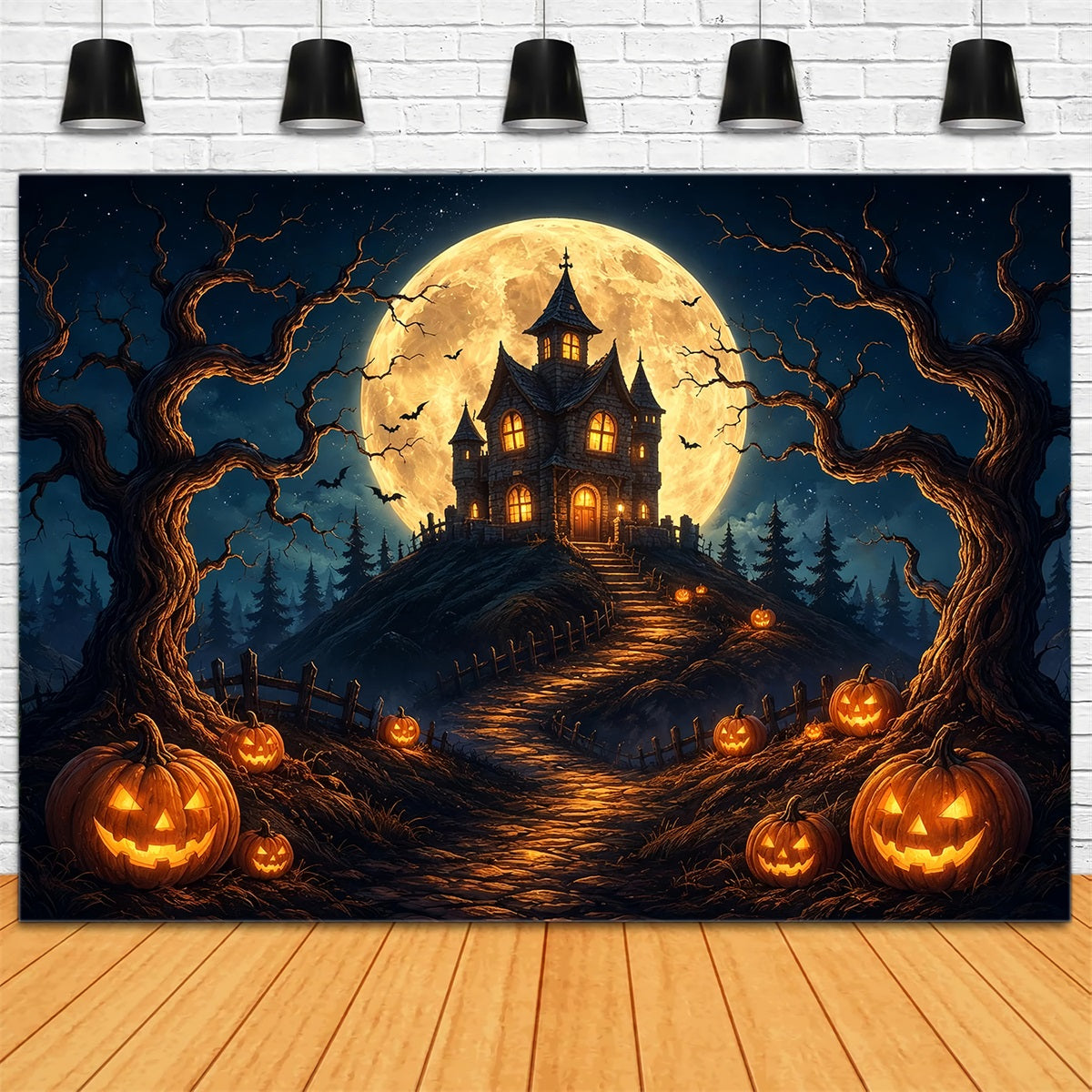 Halloween Backdrop Photos Moonlit Pumpkin Haunted House DIY Halloween Photo Backdrop ZTT67-20
