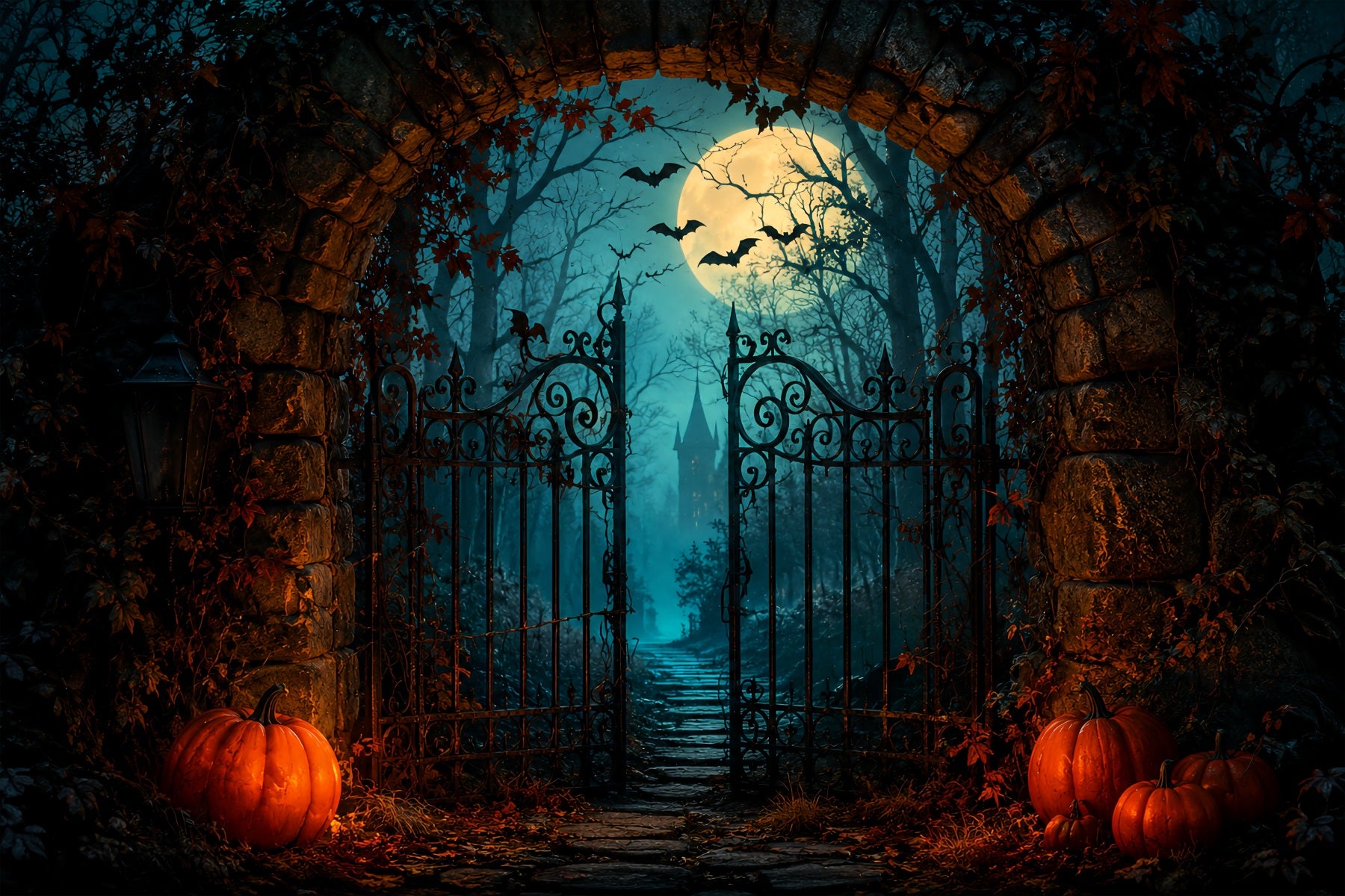 Halloween Themed Backdrops Moonlit Pumpkin Castle Gateway Halloween Backdrop Ideas ZTT67-25