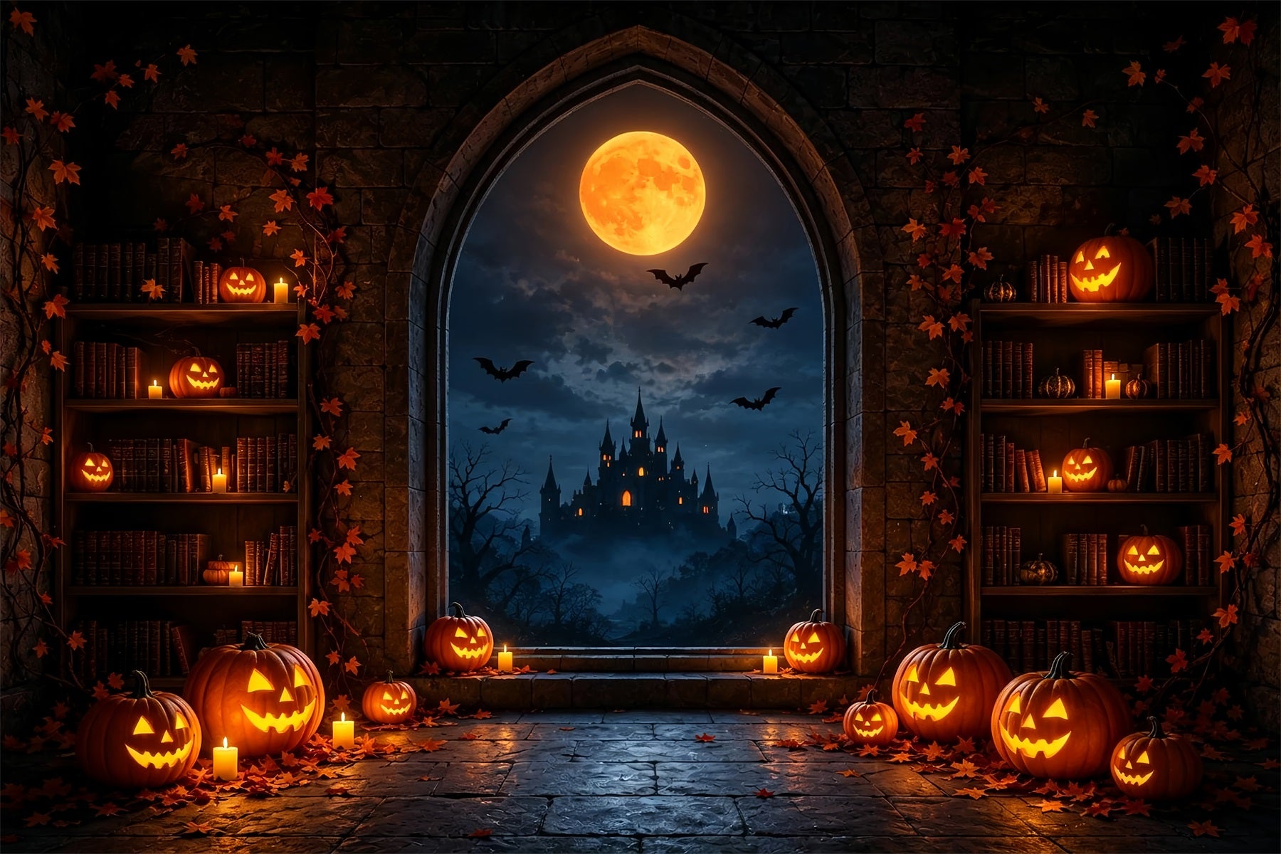 Halloween Moon Backdrop Pumpkin Library Castle Window Halloween Photo Backdrops ZTT67-28