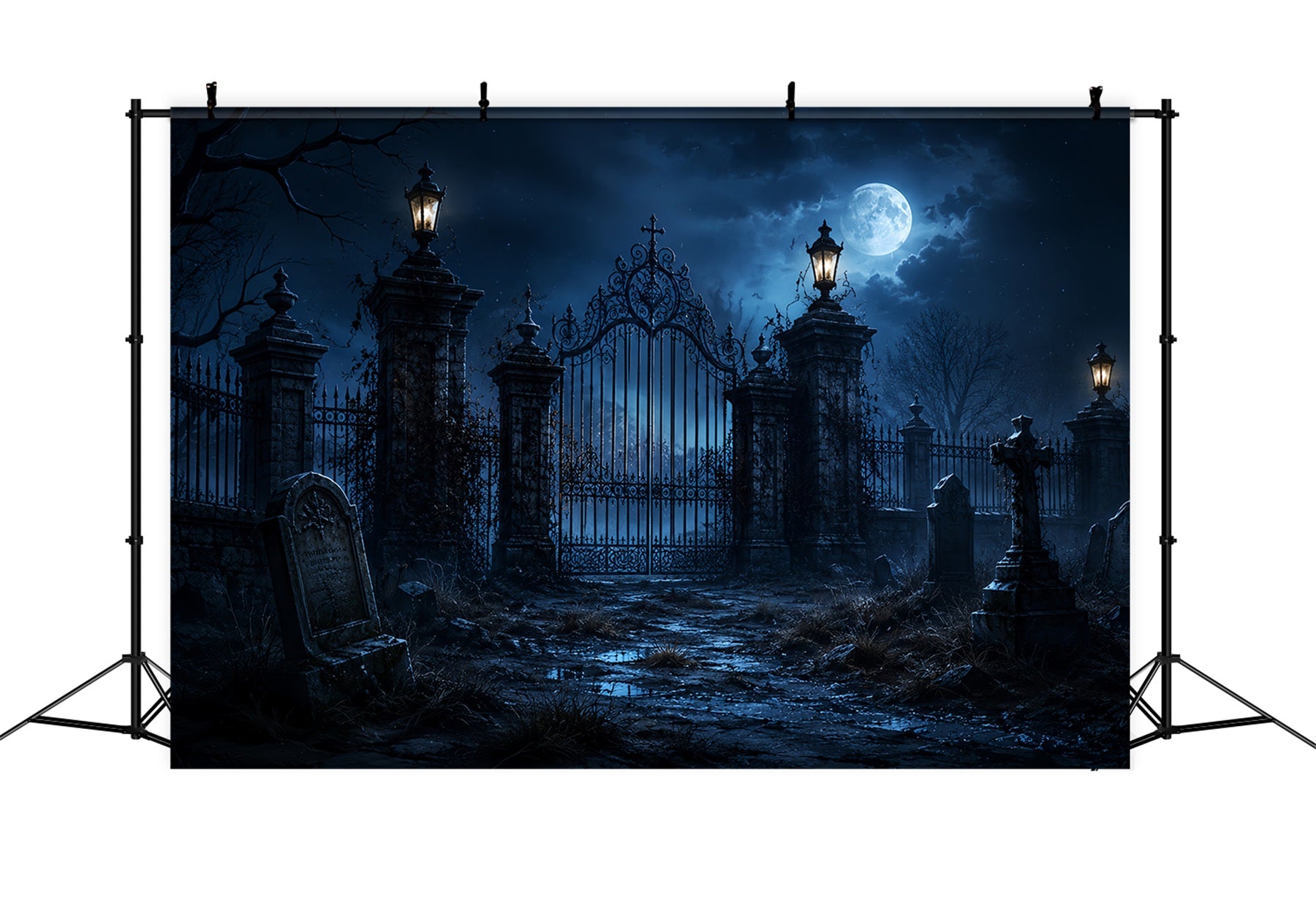 Outdoor Halloween Backdrop Moonlit Gothic Graveyard Gate Spooky Halloween Backdrop ZTT67-29