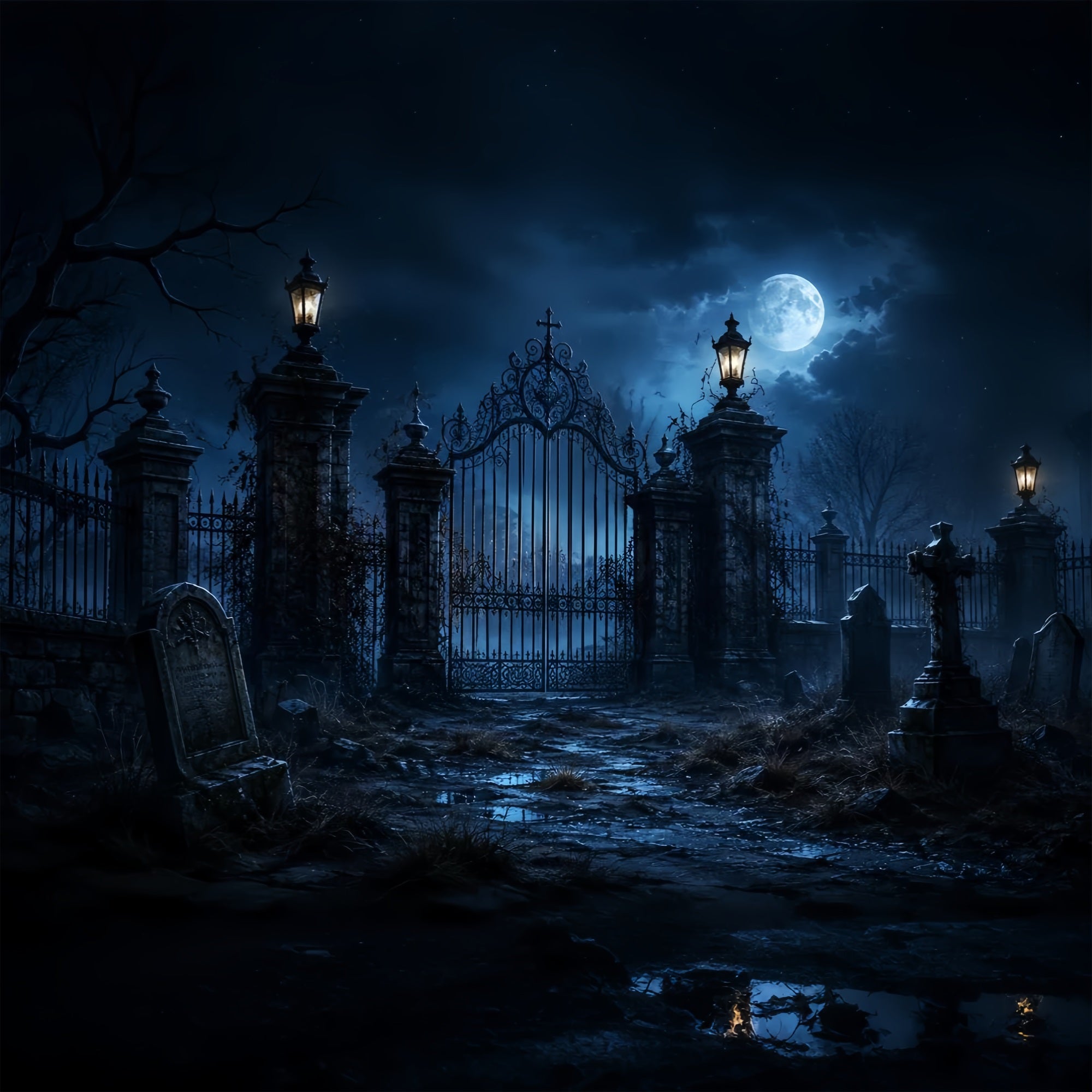 Outdoor Halloween Backdrop Moonlit Gothic Graveyard Gate Spooky Halloween Backdrop ZTT67-29