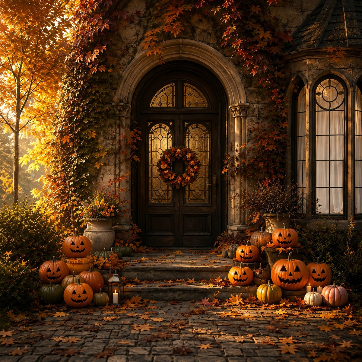 Halloween Outdoor Backdrop Autumn Pumpkin Manor Porch Halloween Backdrops For Photos ZTT67-31