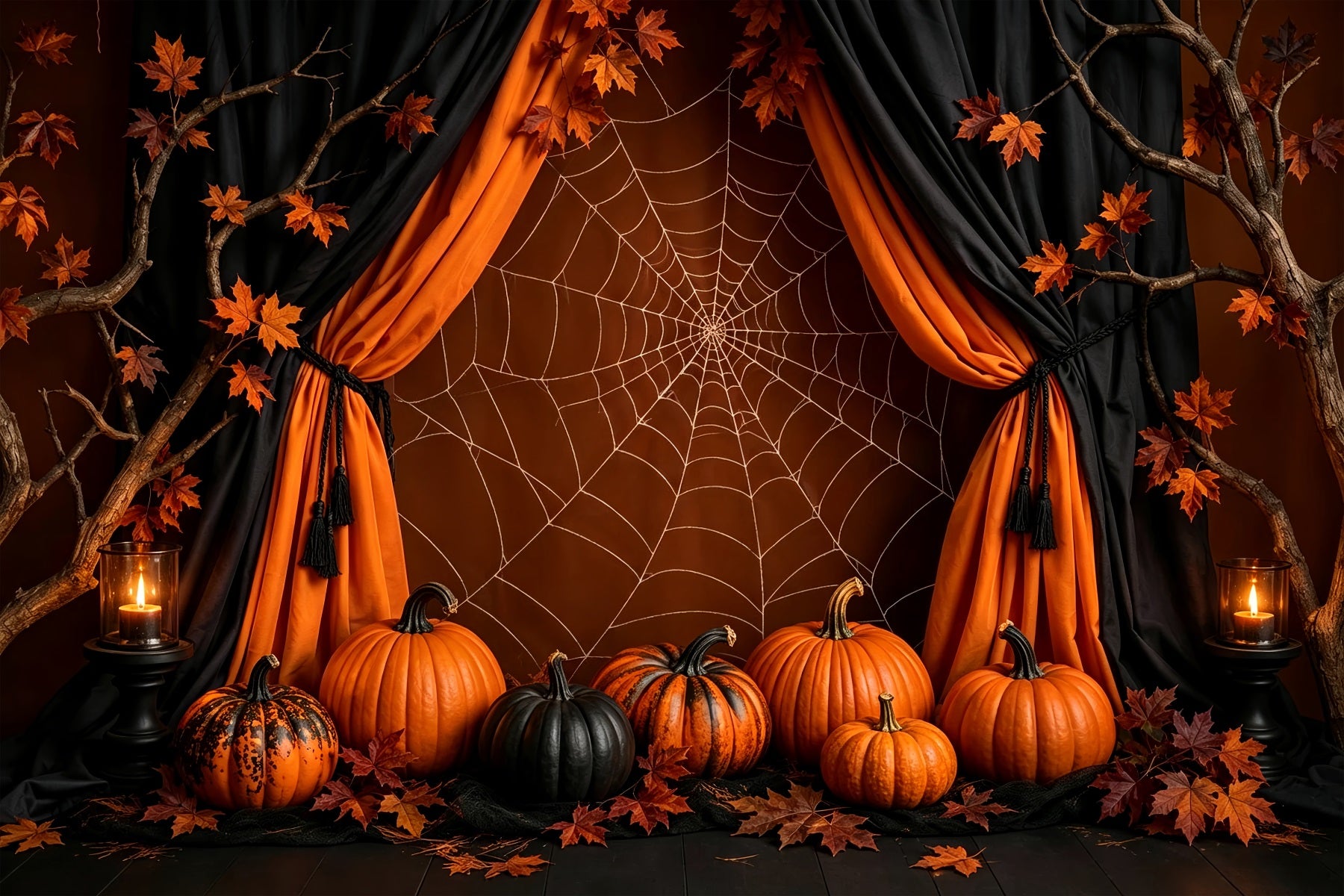 Halloween Pumpkin Backdrop Orange Spiderweb Pumpkin Drapery Halloween Photo Backdrop Ideas ZTT67-32