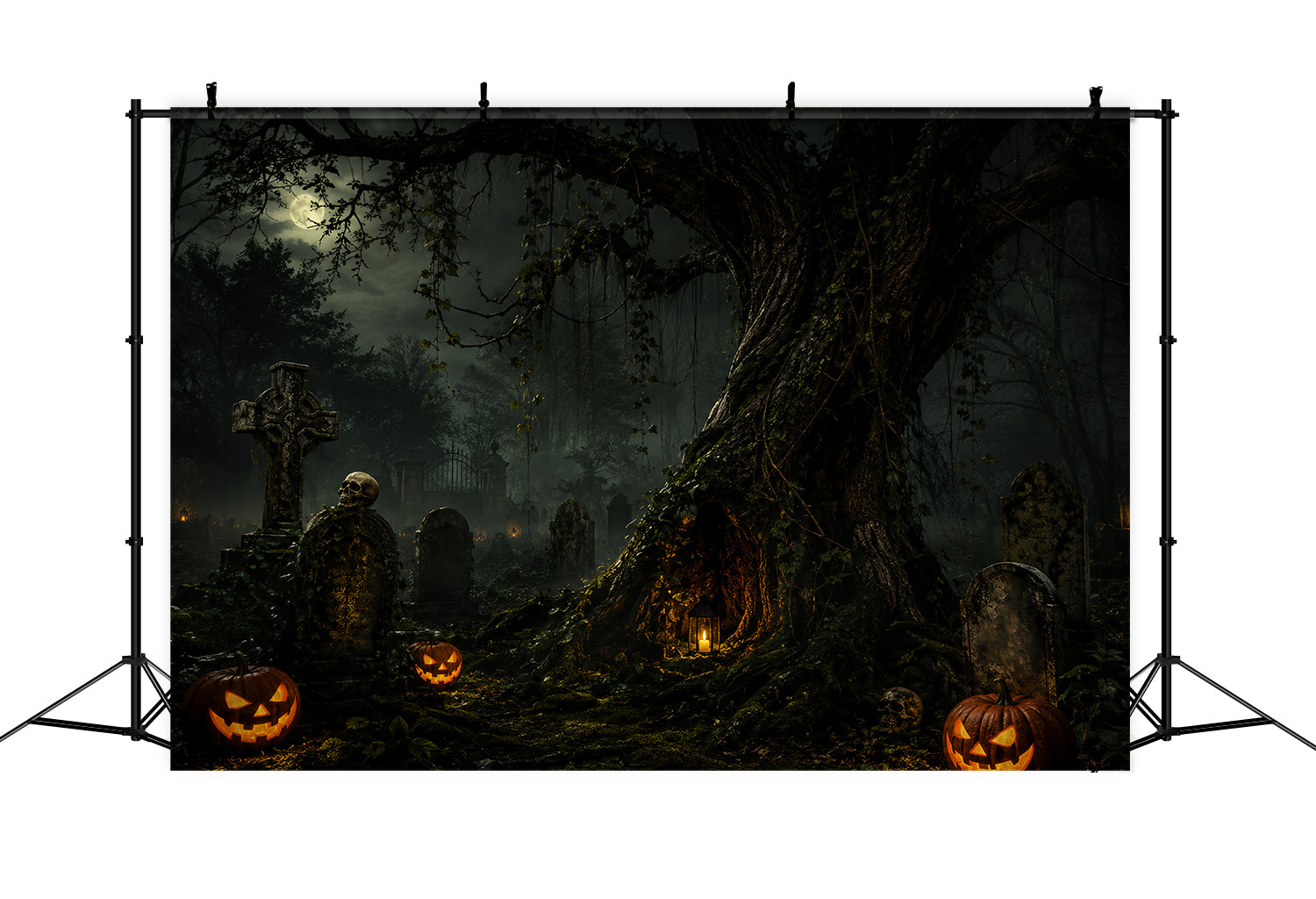 Custom Halloween Backdrop Moonlit Graveyard Pumpkin Tree Halloween Graveyard Backdrop ZTT67-34