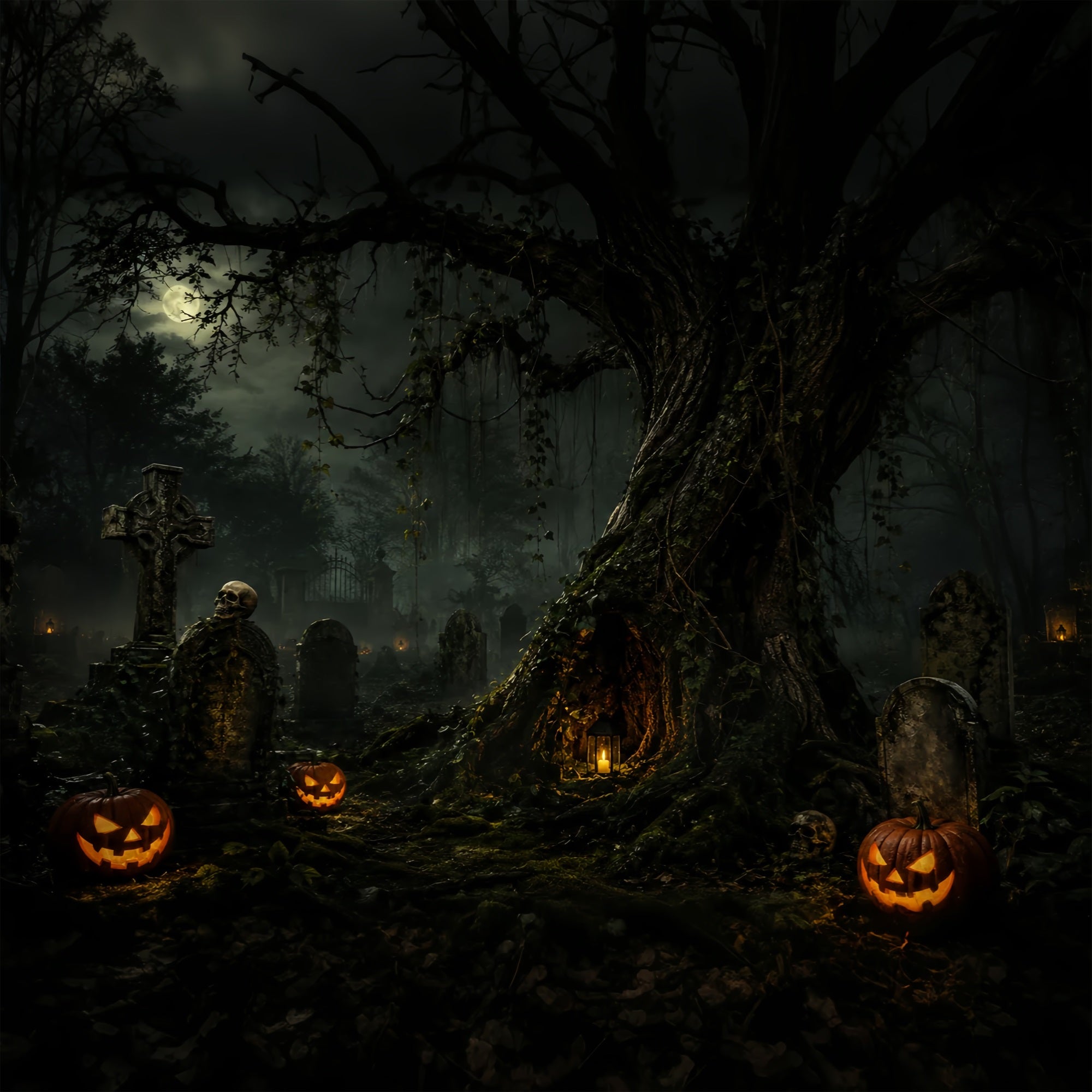 Custom Halloween Backdrop Moonlit Graveyard Pumpkin Tree Halloween Graveyard Backdrop ZTT67-34