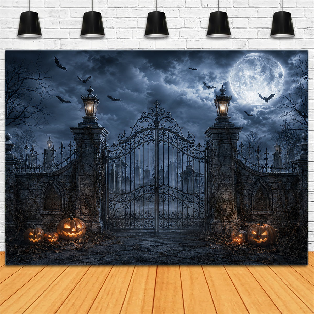 Photo Booth Halloween Backdrop Ideas Moonlit Pumpkin Cemetery Gate Halloween Picture Backdrop ZTT67-35