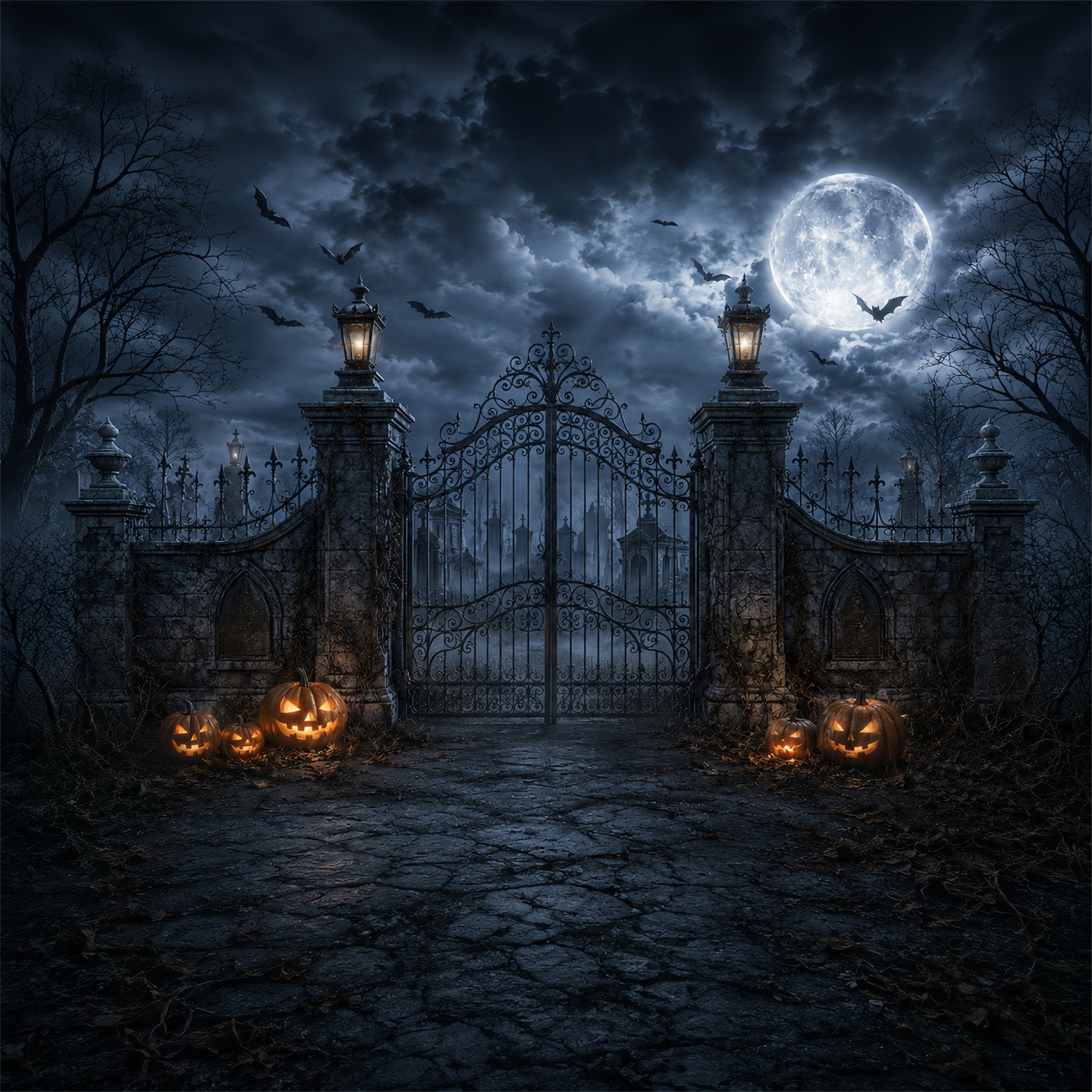 Photo Booth Halloween Backdrop Ideas Moonlit Pumpkin Cemetery Gate Halloween Picture Backdrop ZTT67-35