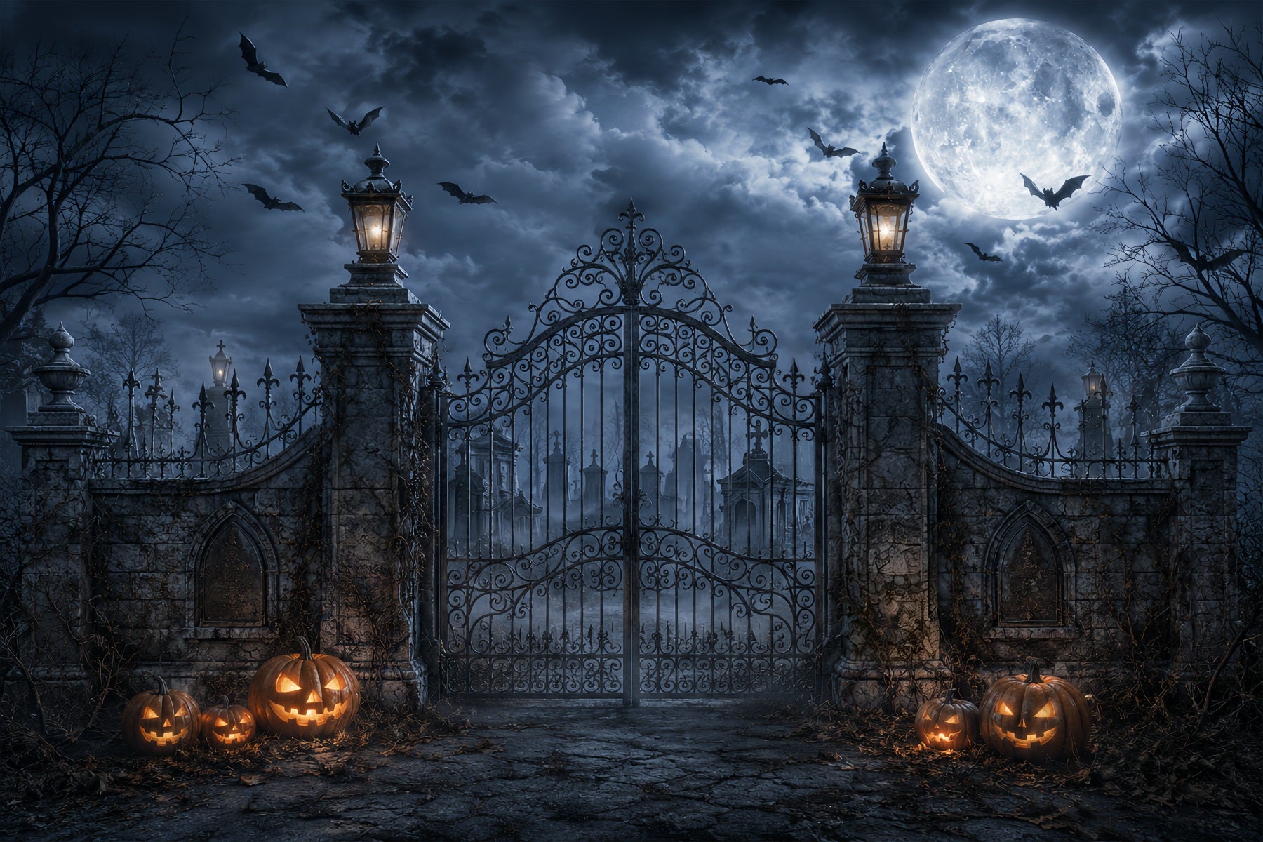 Photo Booth Halloween Backdrop Ideas Moonlit Pumpkin Cemetery Gate Halloween Picture Backdrop ZTT67-35