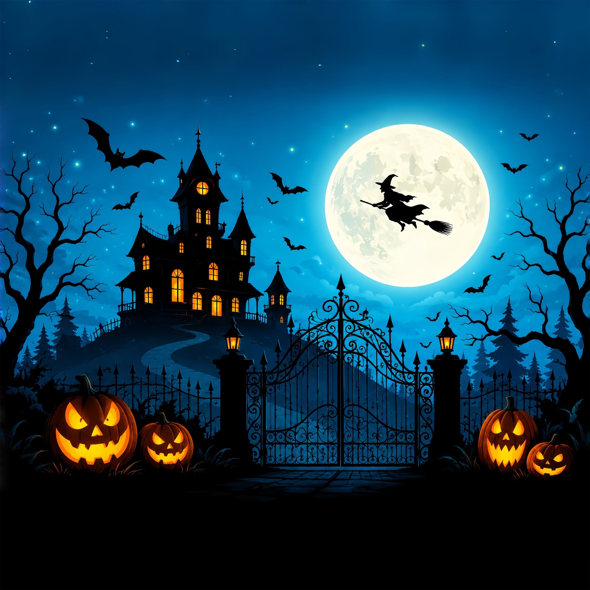 Halloween Castle Backdrop Flying Witch Pumpkin Gateway Large Halloween Backdrop ZTT67-36