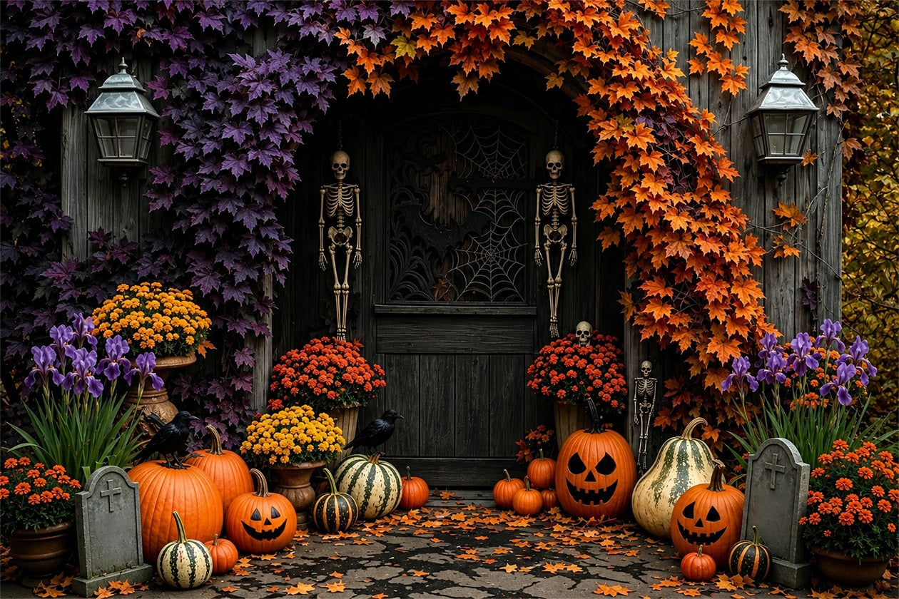 Fall Halloween Backdrop Skeleton Pumpkin Floral Doorway Scary Halloween Backdrops ZTT67-37