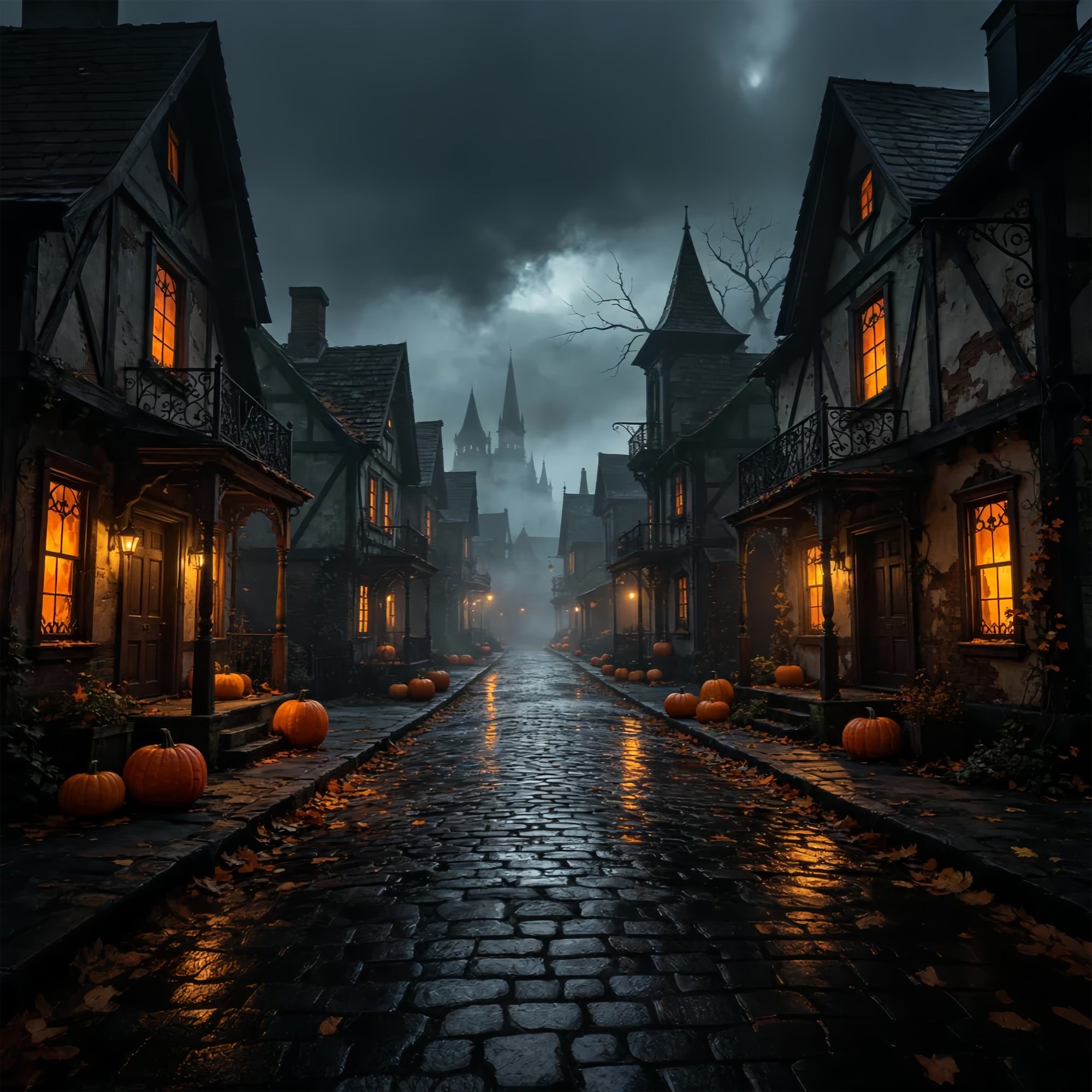 Halloween Cardboard Backdrops Foggy Pumpkin Village Street Halloween Photography Backdrop ZTT67-39