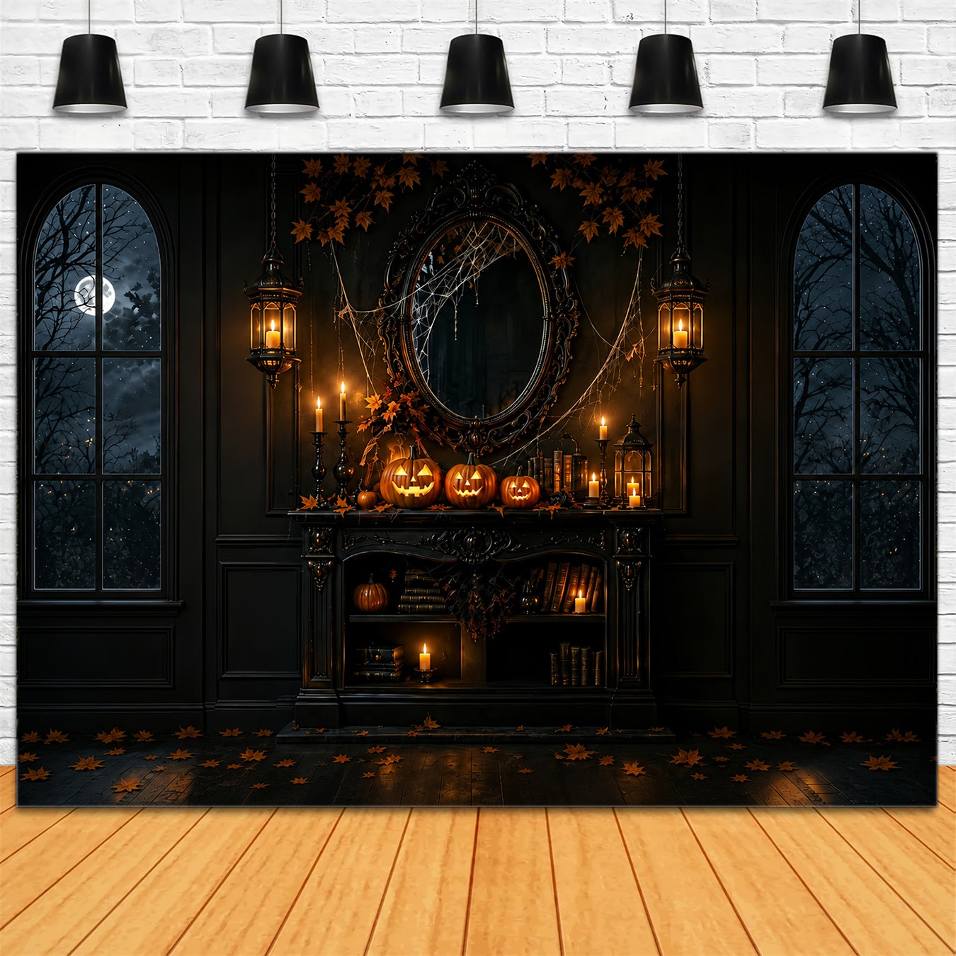 Backdrop Halloween Photo Booth Gothic Pumpkin Candle Mantel Halloween Party Photo Backdrop ZTT67-40