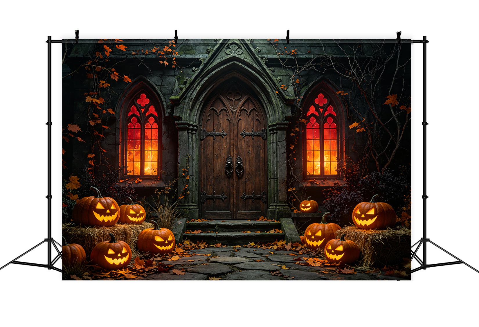 Halloween Backdrop Outdoor Gothic Pumpkin Chapel Entrance Photo Backdrop Halloween ZTT67-41